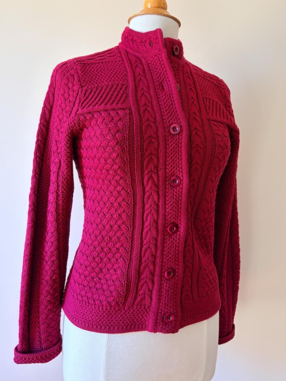 LL Bean Vintage 90s 100% Cotton Raspberry Cable Knit Cardigan Large